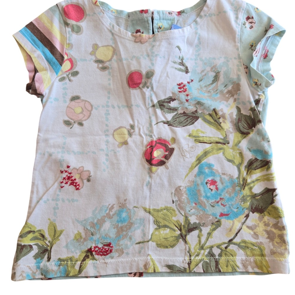 Kenzo Junior Girls Floral Print Stripe Sleeve T-Shirt Blue Pink 4A 102cm